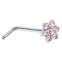 Solid 14KT White Gold Pink and Clear Cubic Zirconia Flower L-Shaped Nose Ring - 18 Gauge