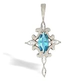 14K White Gold Genuine Marquise Blue Topaz and Diamond Cross Pendant