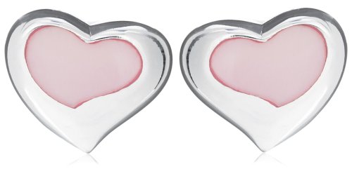 Sterling Silver E4601-PINK Women's Pink Mother of Pearl Heart Inset Stud Earrings