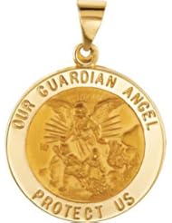 Hollow Round Guardian Angel Medal Pendant 14K Gold Yellow R45332