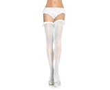 Vertical striped fishnet thigh highs with lace ruffle top