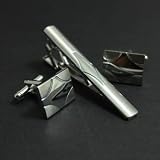 Cb1110 Fashionon Designer Rectangle Contemporary Tie Bar Silver Tie Pin and Cufflinks Set with Presentation Box