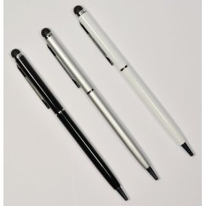 2-in-1 Stylus & Ink Pen for iPad and iPad2, iPhone 4s, Droid Phones - 7mm (Thin Twist) Black + White + Silver (3-Pack)