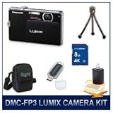 Panasonic LUMIX DMC-FP3 FP3 Black Digital Camera, 14 MP, 4x Optical Zoom Lens, 3.0 Touch-Screen LCD, HD Video Recording, 8 GB Memory Card, Card Reader, Mini Tripod, Deluxe Carrying Case, & 3pc. Lens Cleaning Kit