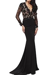 V-neck Long Sleeves Chiffon/Jersey Floral Print Fitted Sheer Applique Backless Lace Evening Dress 