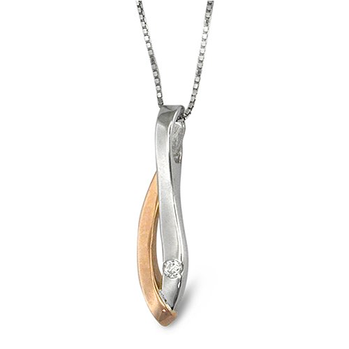 9ct White and Rose Gold Ladies Cross Over Shape Pendant Set with 3pts of Diamonds on an 18 White Gold Box Chain