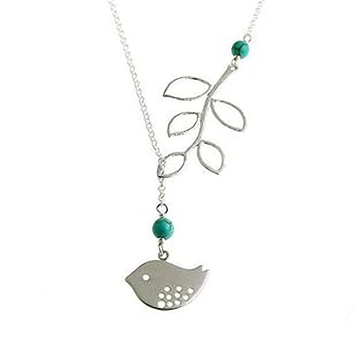 Alloy Sparrow Bird Leaf Turquoise Pendant Necklace, 18.5-Inch