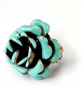 Sweet Romance, Ollipop, Designer Turquoise Rose Ring. 3-d Rose Ring with Turquoise Enamel. Shank Is Adjustable for Sizes 6-9. a Wide Comfortable Pierce Work Band Is Open At the Back for Adjustability. Burnished Bronze Metal Finish