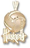 Nebraska Cornhuskers Solid 10K Gold ''HUSKERS'' Volleyball Pendant