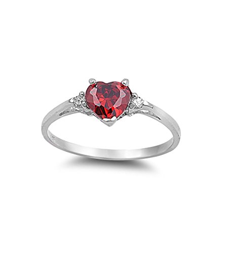 Heart Simulated Ruby Cubic Zirconia Ring Sterling Silver 925 (Sizes 3-15)