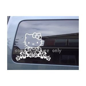 Hello Kitty Hibiscus Flowers Car Window Vinyl Decal Sticker -SHKHF050623- White Color-