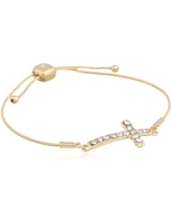 Nine West "Good Fortune" Gold-Tone Crystal Side Cross Slider Bracelet, 8"