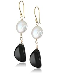 Gold-Plated Sterling Silver, Black Onyx, and White Freshwater Cultured Pearl (9.5-10mm) Drop Earrings