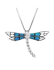 CZ Accented Sterling Silver Dragonfly Necklace Pendant with Blue Opal and Box Chain