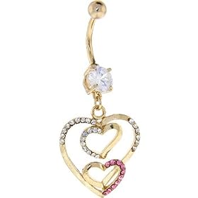 24kt Gold Plated Crystalline Gem PAVED TRIO HEART Belly Ring by 