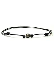 POEMANA perles de culture Ajustable Black Leather Necklace With A Baroquetahitian Pearl