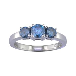 1 Ct. Three-Stone Round Cut Blue Diamond Engagement Ring in 14K White Gold