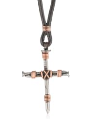 Bob Siemon Stainless Steel Nail and Copper Wire Cross Pendant on Leather Cord, 30"