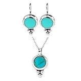 Sterling Silver Turquoise Inlay Round Drop Earrings with Beads and Matching Pendant Set, 16