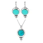 Sterling Silver Turquoise Inlay Round Drop Earrings with Beads and Matching Pendant Set, 16"
