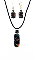 Necklace - N528 - Murano Glass Style Pendant hung on 16" Black Velvety Flock Cord + 2" Extension Chain AND matching Earrings ~ Rectangle Shape