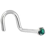 Solid 14KT White Gold 1.5mm Genuine Green Diamond Right Nostril Screw- 20 Gauge