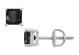 14K White Gold : Princess Cut Black Diamond Stud Earrings 2.00 CT. TW.
