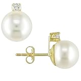 14K Yellow Gold 0.06 CT TDW Diamond Fresh Water White Pearl Stud Earrings (I2-I3) (8-8.5 mm)