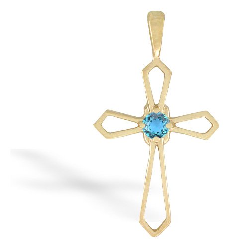 14K Yellow Gold Genuine Round Blue Topaz Cross Pendant