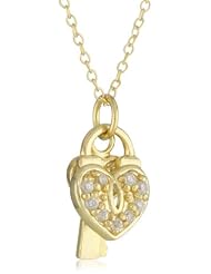Goldtone Finish Silver Cubic Zirconia Small Heart and Key Pendant Necklace, 18"