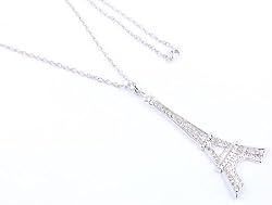Paris Eiffel Tower Pendant with Crystal Studs Necklace - Silver