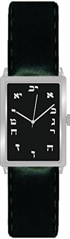 "Hebrew Numbers" Polished Chrome Unisex Size Rectangle Watch Has Black Dial and Black Stitched Leather Strap
