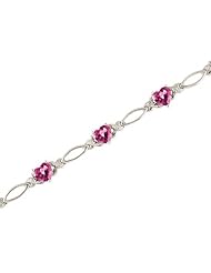 14K White Gold Heart Pink Topaz and Diamond Bracelet