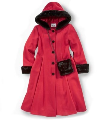 Childrens Toyshop  Apparel : Trilogi Girls Hooded Wool Coat with Faux Fur Trim