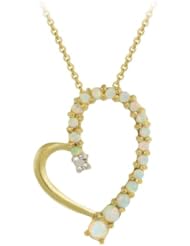 Goldtone Finish Silver Diamond-Accent Created-Opal Thin Journey Off Center Heart Pendant Necklace with Rolo Chain, 18"