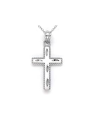 14kt White Gold Large Diamond Cut Beaded Cross Pendant - Chain Included