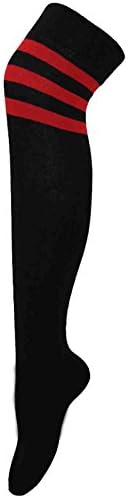 Women 3 Stripe Tube Dresses Over the Knee Tights High Stockings Sock Fancy Dress Sports(Black/Red)