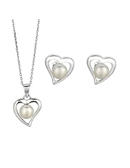 .925 Sterling Silver Fresh Water Pearl CZ Heart Necklace & Earrings Set