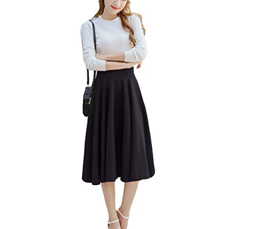 Degel++ 自然なフレア感が 大人可愛い ハイウエスト Aライン レディース ミモレ丈 フレアスカート ウエストゴム (M、L) 厚手生地