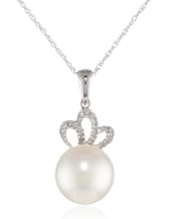 10K White Gold 9.5 - 10 mm Freshwater Cultured Pearl and (0.06 cttw, G-H Color, I2-I3 Clarity) Diamond Pendant Necklace,17"