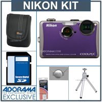 Nikon Coolpix S1100pj Digital Camera Kit - Violet - with 8GB SD Memory Card, Camera Case, Table Top Tripod, Spare EN EL-12 Lithium-Ion Battery, 2 Year Extended Service Coverage