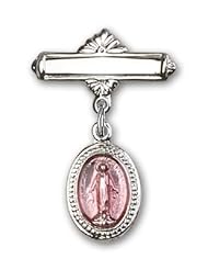 Sterling Silver Baby Badge with Pink Miraculous Charm and Polished Badge Pin