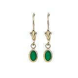 14K Yellow Gold 6 x 4 MM Oval Shaped Emerald Drop Earrings