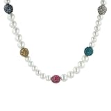 White Simulated Pearl and Multi-Color Pave Gun Metal Tone Necklace, 16.5