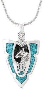 Southwestern Wolf and Wolf Paw Arrowhead Pendant in sterling silver with stabilized turquoise Chip Inlay on a 20" Rhodium Sterling Silver Snake Chain