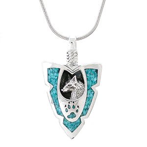 Southwestern Wolf and Wolf Paw Arrowhead Pendant in Sterling Silver with Turquoise Chip Inlay on a 20" Rhodium Snake Chain for Men or Women, #7897