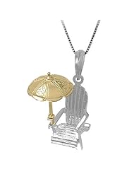 Sterling Silver 3-d Beach Chair Necklace Pendant with 14k Umbrella and Box Chain
