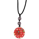 Round Red Floral Murano Glass Pendant on Black Cord