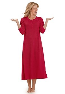 Woman Within Plus Size Long Thermal Knit Henley Sleepshirt By Dreams And Co. (Classic Red,L)