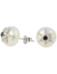 Pearl Stud Flower earrings for Young girls Black & White diamonds 14k white Gold